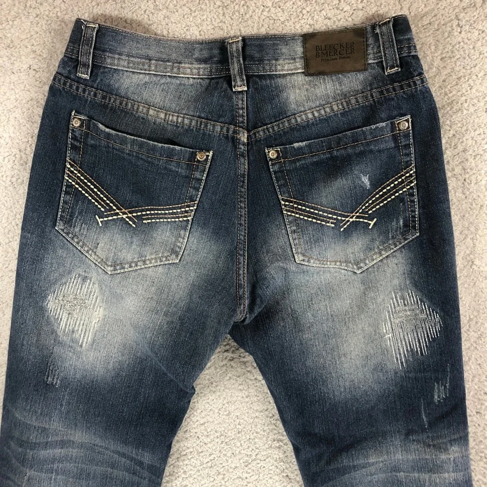 Bleecker & Mercer Mens Distressed Straight Leg Jeans Blue Ripped W32 L32